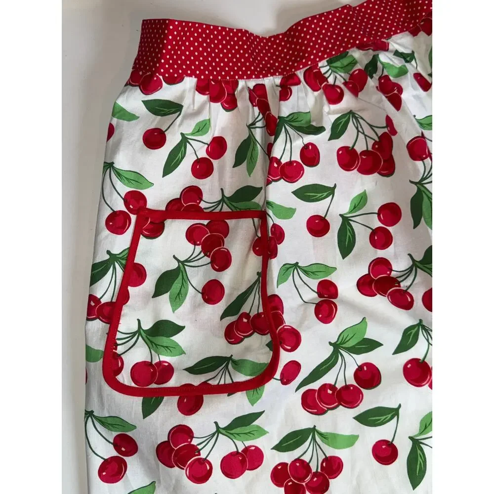 Foxglove Cottage Cherry Print Waist Apron White Red Retro Cottagecore Cottage